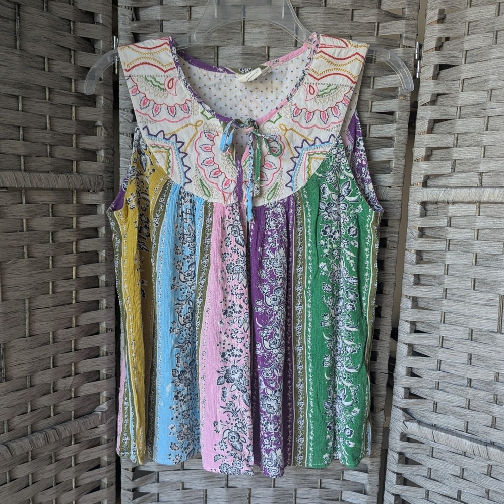 Anthro One September Larkspur Tank Top Multi-Color Patchwork Embroidered Boho S